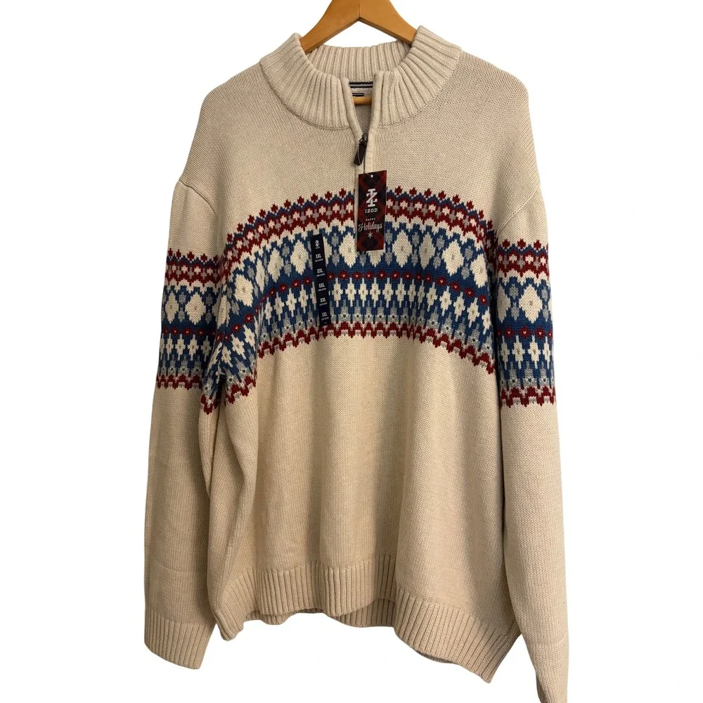 New IZOD XXL Quarter Zip Fair Isle Sweater Cream Blue Red Holiday Cotton Blend